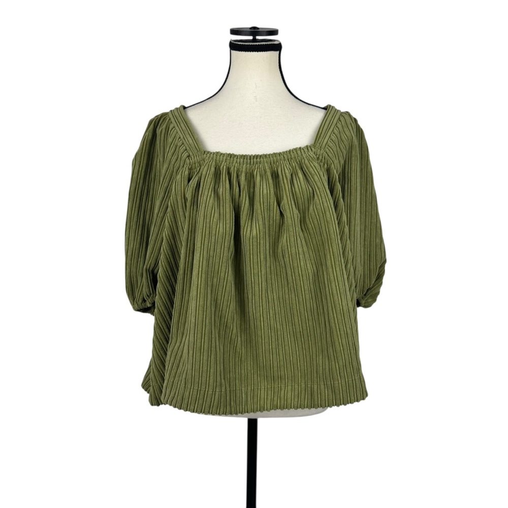 Free People Raquel Cord Top Blouse Womens S Olive Square Neck Boho Soft Girl - Picture 2 of 13